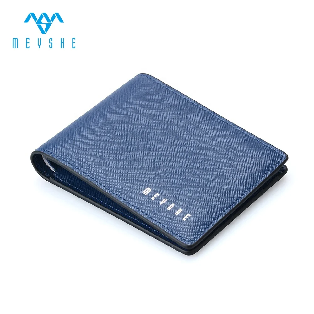 Best Fashion Wallet Saffiano Genuine Leather for Men Navy Blue Short Wallet Embossed 