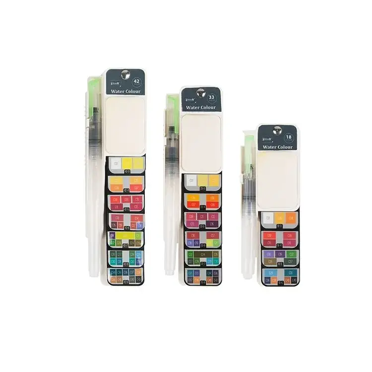 Keep Smiling Wholesale 33 Colors Fan Shaped Travel Pocket Foldable Watercolor Paint With Water Brush Pen