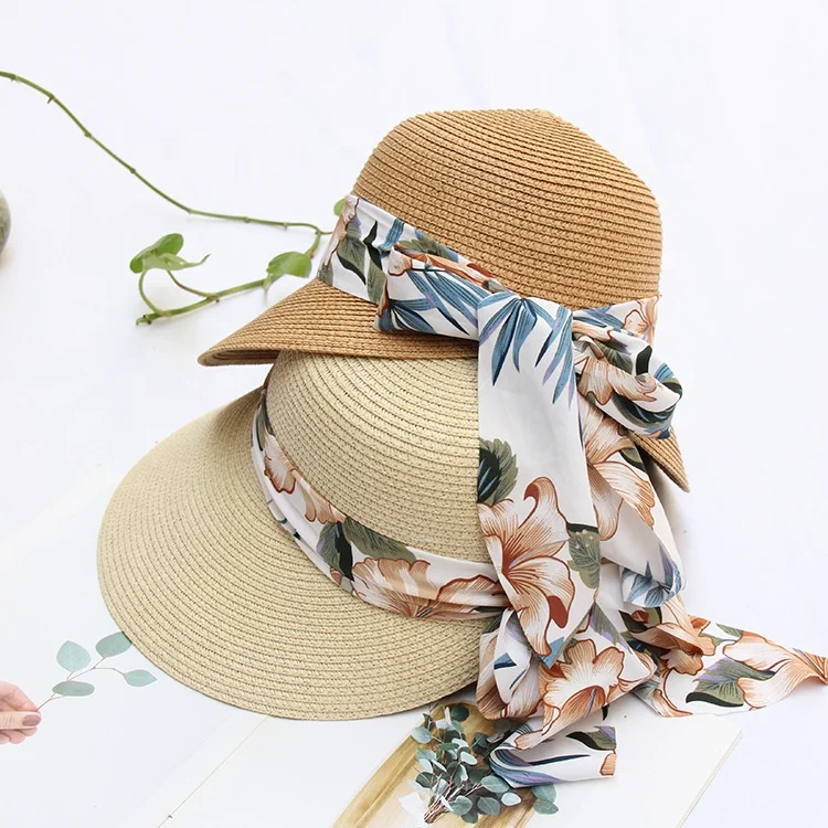 Fashionable paper bucket hat floral printed ribbon adjustable beach hats for women summer foldable handy straw hat