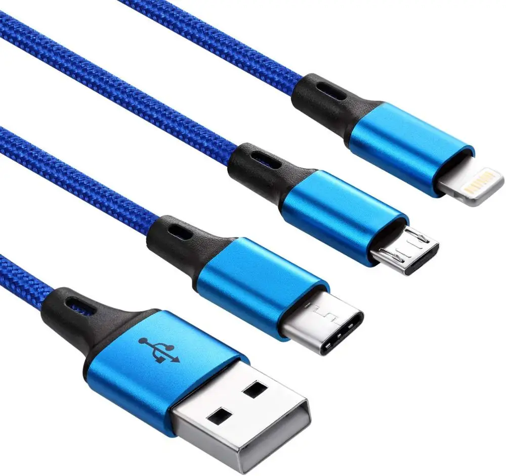 Lighting/MicroUSB/Type C Cable 3 in 1 Multi USB Charging Short Travel Size 8 Inch Keychain Cord for Samsung Galaxy