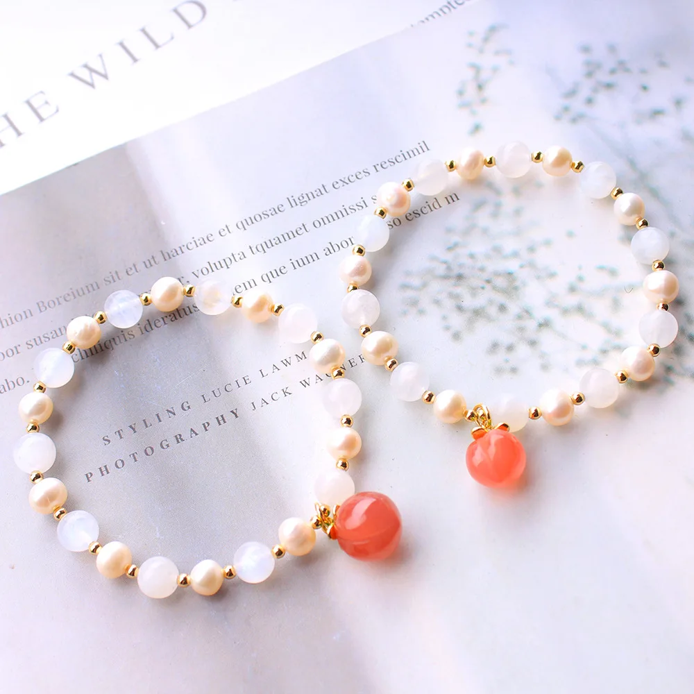 Natural blue moonlight Pearl Agate peach pendant DIY Bracelet Salt and sweet all-match bracelet