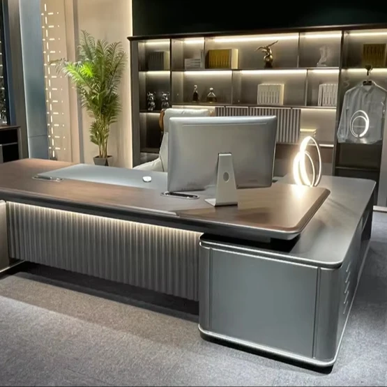 High Quality Extra Large Executive Office Desk with 2 File Drawer Open Storage Shelves