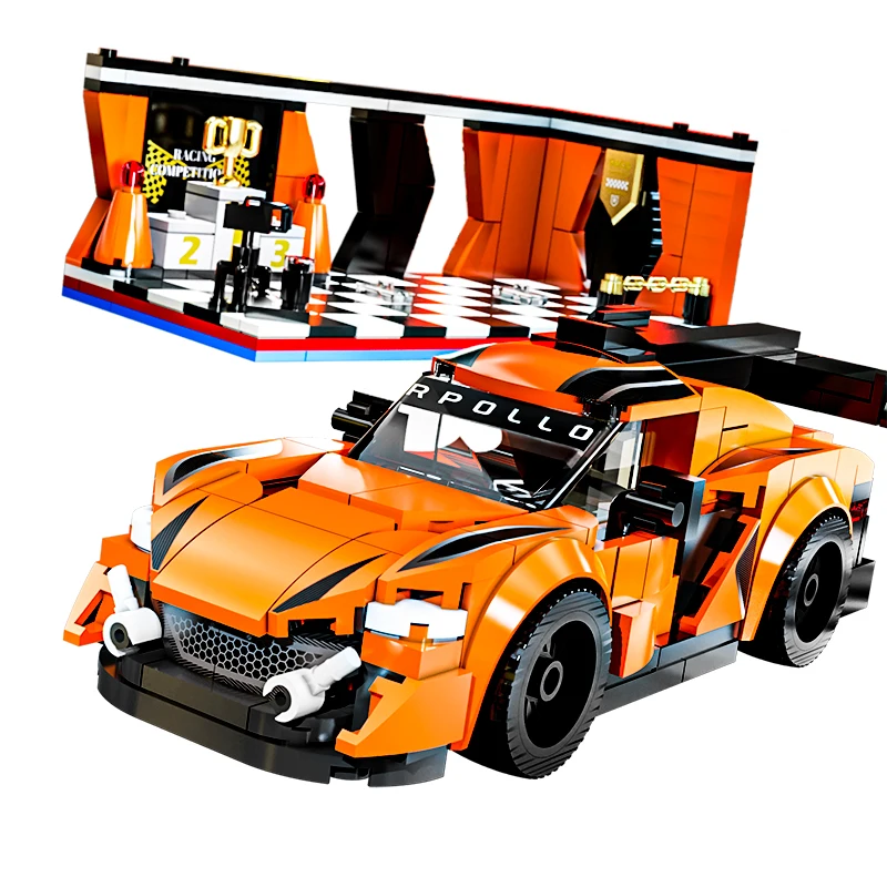 13081 MOC Orange RC Racing Car Building Blocks With Showroom Bricks Puzzle Toy Christmas Gifts for Adult Boy and Kids