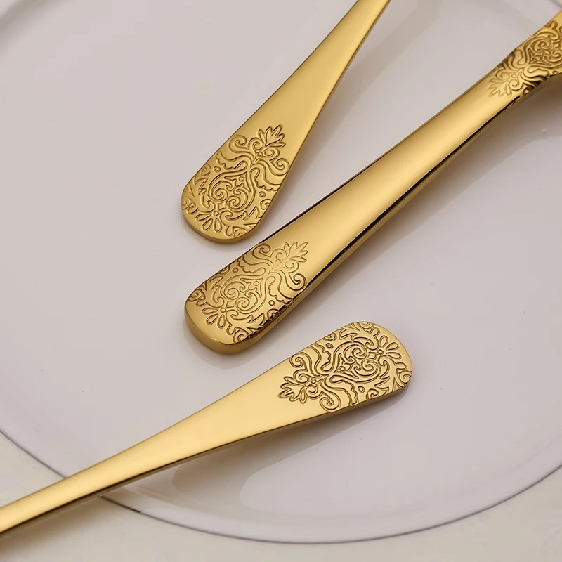 Zara Home Products Carving Golden Knife Fork Spoon Engraving 5Pcs Luxury Gold Silverware Set