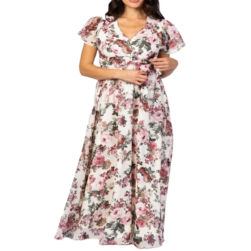 Navy Floral Wrap nursing breastfeeding clothes Maternity Dress woven midi dress