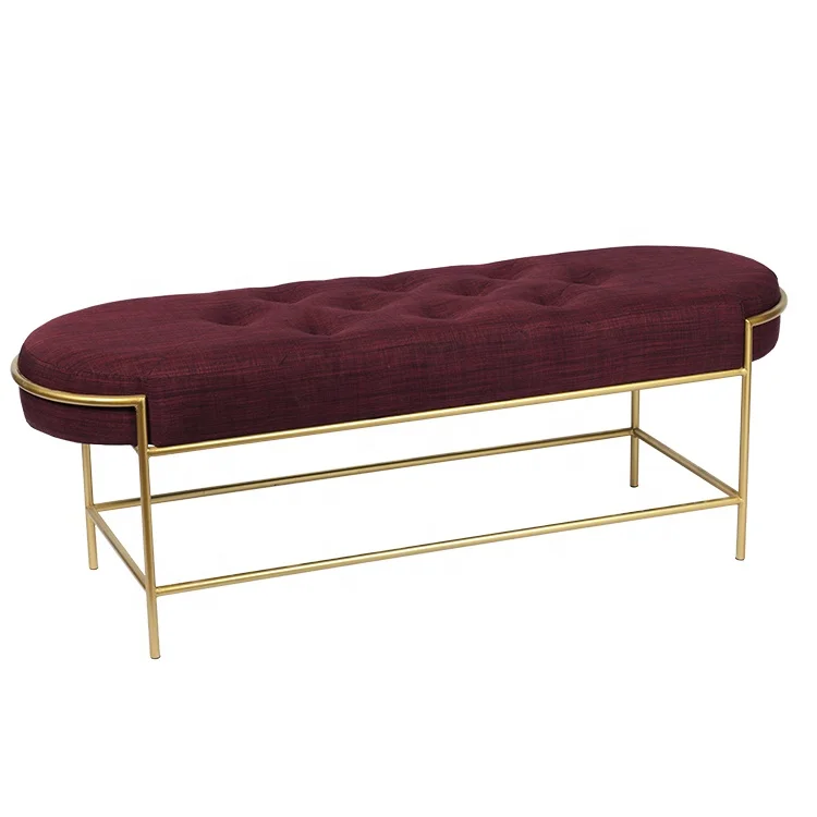 Modern Long Velvet Ottoman Salon Waiting Bench Modern Home Stool Gold Metal Legs Leather Long Rectangle Shaped Velvet Bench