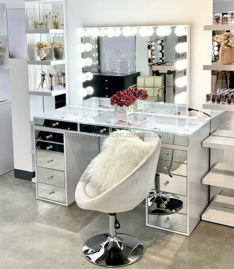 high quality bedroom makeup vanity bedroom furniture lighted dressing table with speaker mirrored glass big capacity