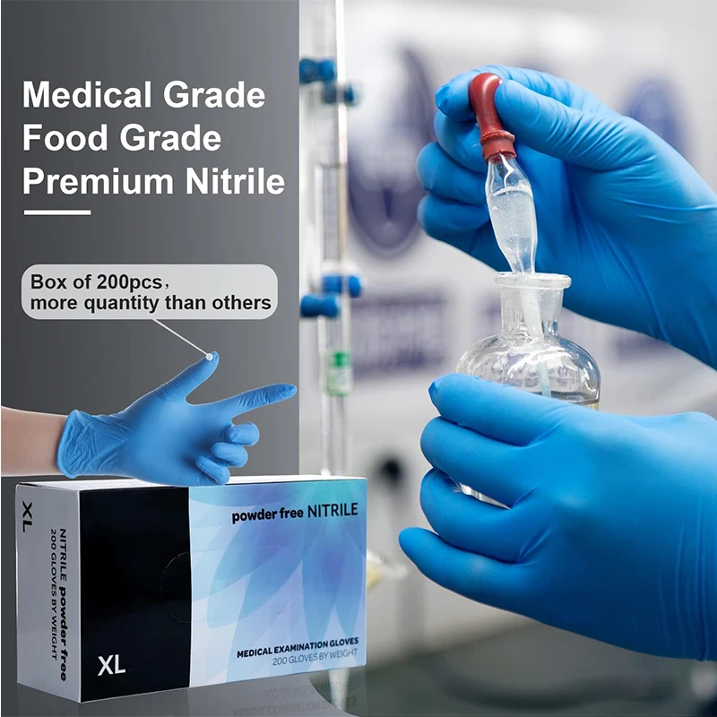 200Pcs Food Grade Medical Examination Blue Disposable Nitrile Gloves Powder Free Latex Free