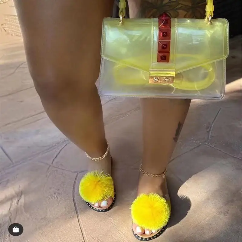  2021 Fashion Summer Flat Hair Ball Slippers Camera New Bag
