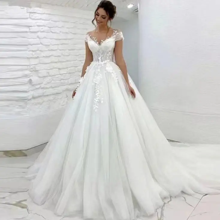 Foreign Trade Factory Direct Sales Main 2023 New Bridal Lace Off-Shoulder Backless Large Trailing Wedding Dress