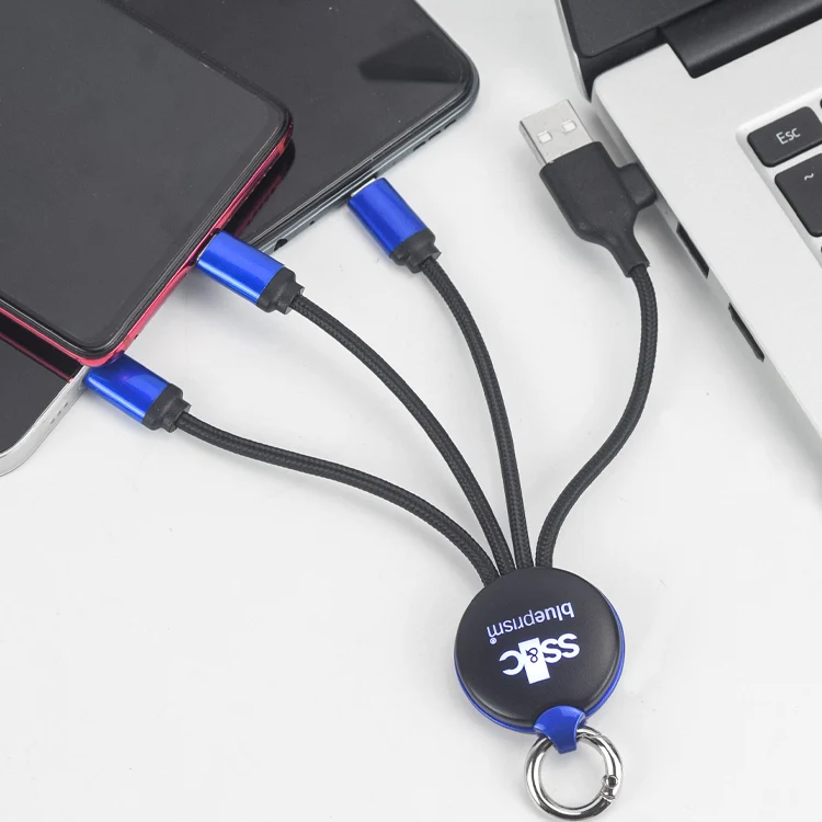 Lighting up logo multifunctional 3 in 1 Usb data Cable for phone type-c micro chain ring mobile phone charge cord