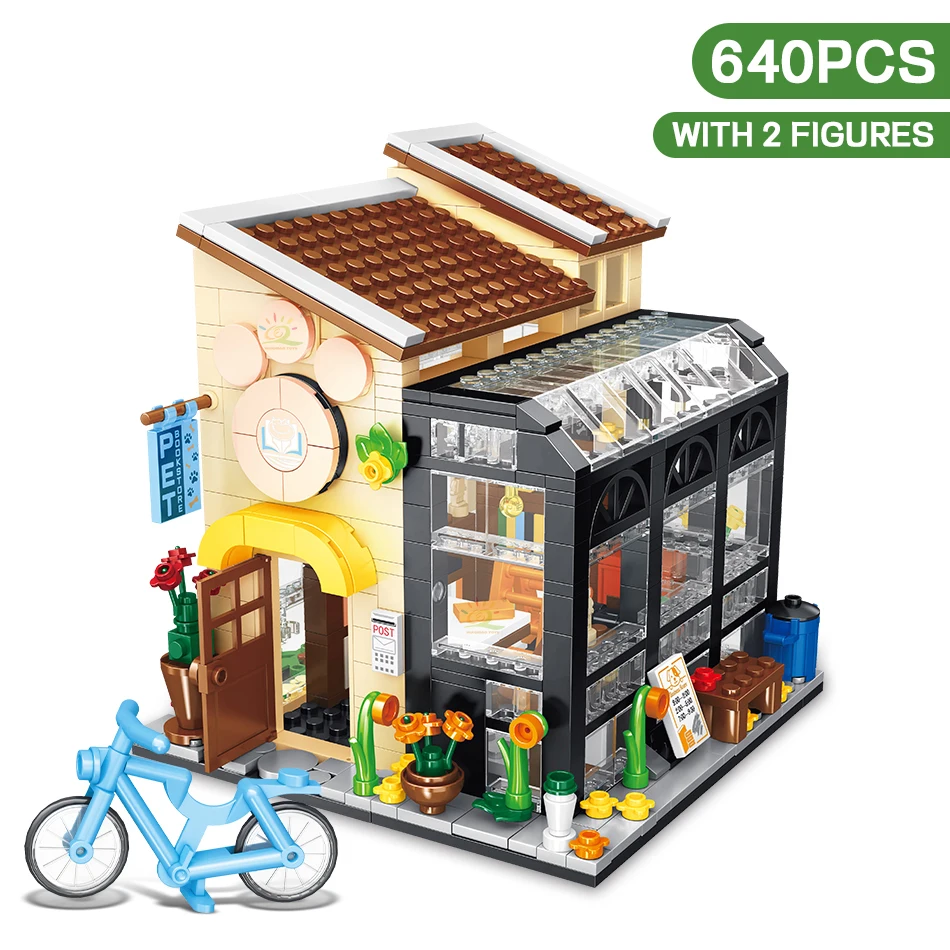 city street view creative diy house coffee shop flower store architecture building block bricks with led light toys for girls