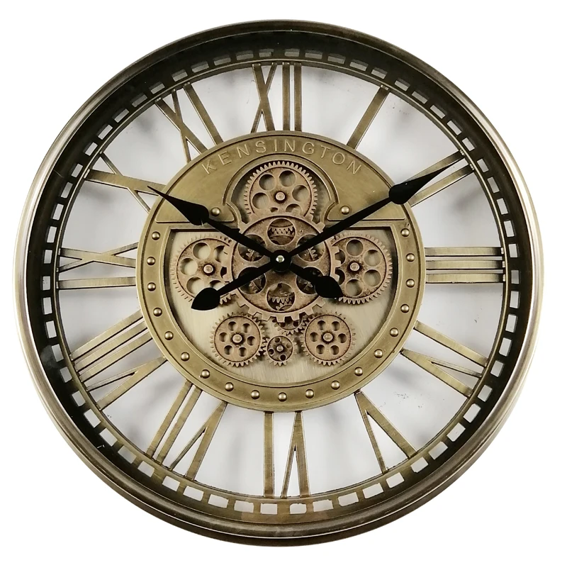 
Hot Sale Large Size Round Antique Metal Wall Clock Mechanism With Moving Gears And Roman Numerals on Glass 