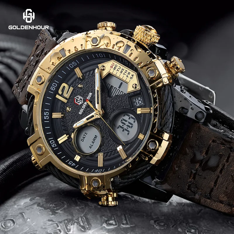 Часы наручные GOLDENHOUR GH120 Мужские кварцевые модные брендовые роскошные Цифровые Спортивные в деловом стиле