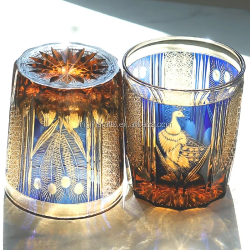 240 ml Pair Of Green Blue Hand Carved  Whiskey Glasses Peacock Edo Kiriko old fashioned glass with gift box for Brandy Bourbon