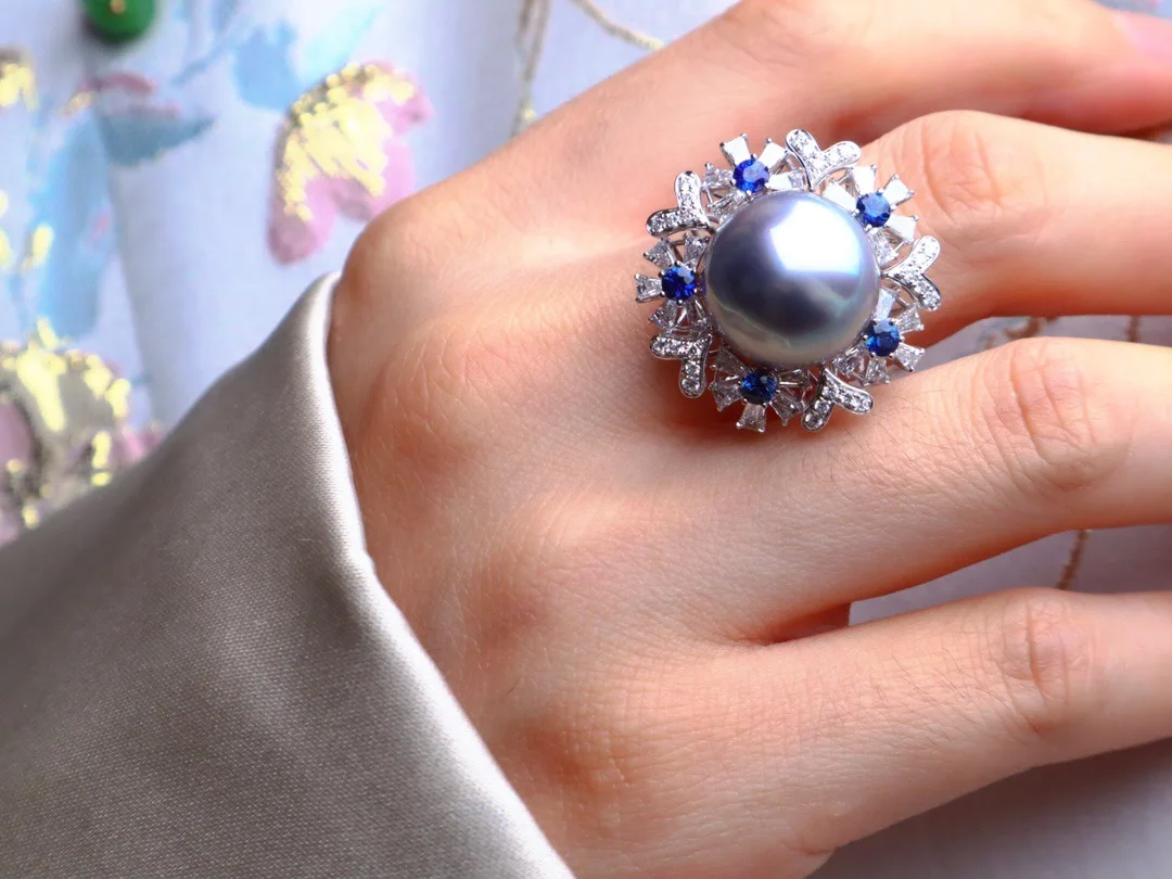 Luxury Sapphire Gold Ring Jewelry 14-14.5mm Black tahitian Sea Pearl Ring with 18K Gold Diamond Flower Ring for wedding