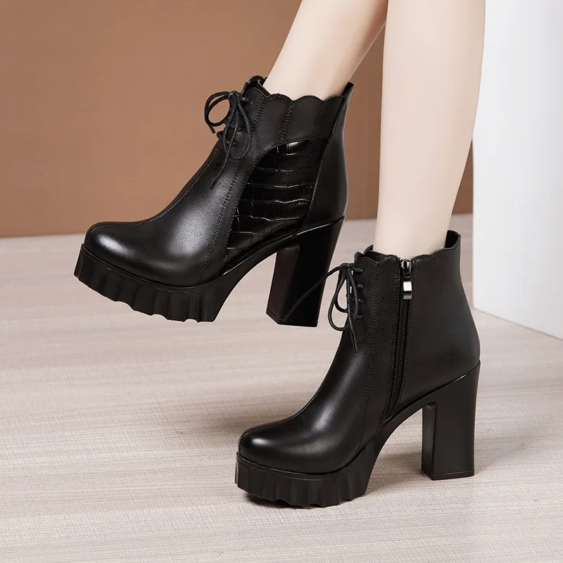Xuanhui new arrivals 2024 winter autumn height increasing black leather stiletto ankle boots for women