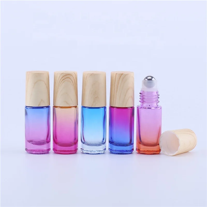 5ML Gradient Color Thick Glass Roller Essential Oil Empty Parfum Bottles with Water transfer Printing Wood Grain Plastic Cover