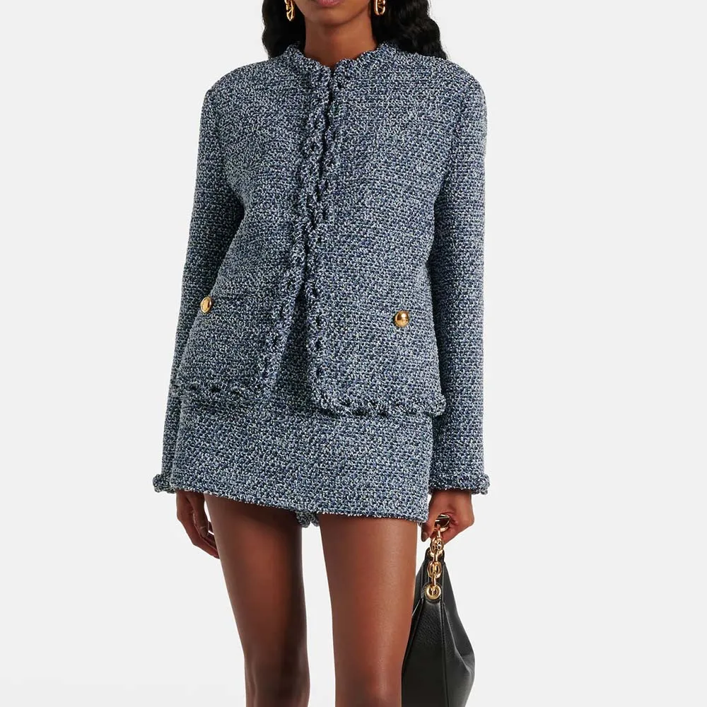 Custom Spring Autumn Winter Clothing Manufacturer Long Sleeve Tops Tweed denim female outerwear  Cardigan