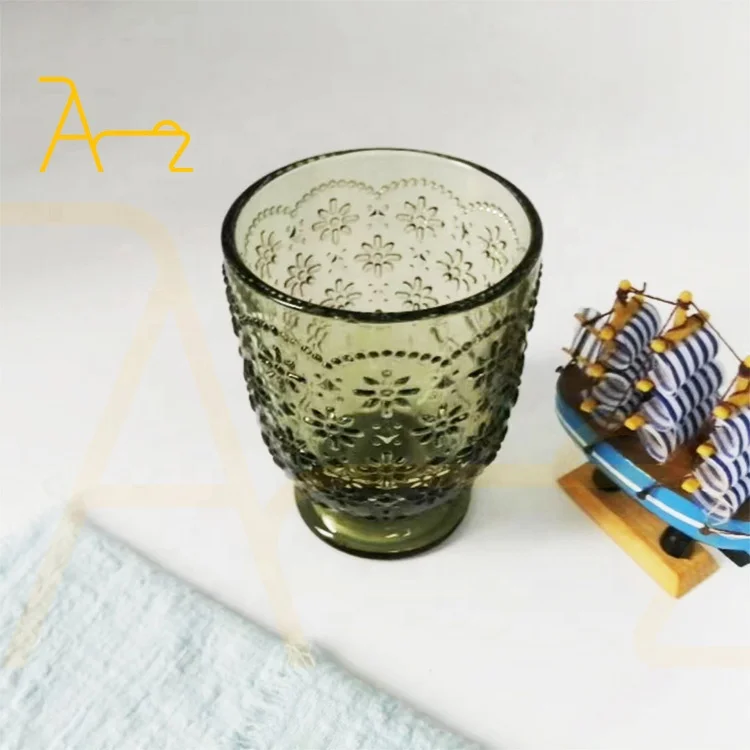 Factory direct wedding stemless drinking glass cups creative embossed tumbler water juice glasses colored vintage glassware