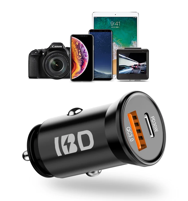 IBD Fast Charging Mini Usb Car Charger Metal Type-C Compatible With Pd 30W Flash Qc3.0 For iPhone