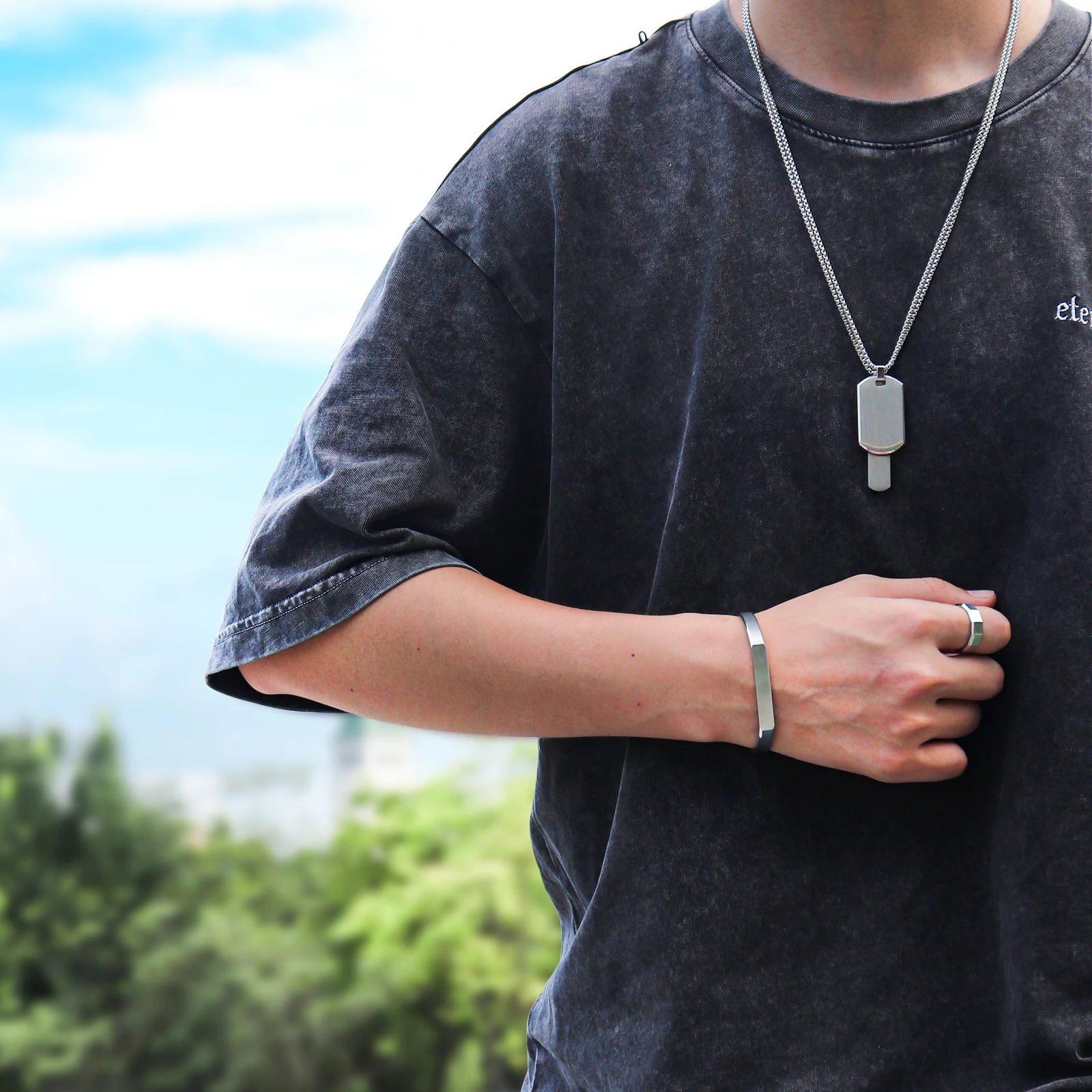 Fashion Custom Logo Personalized Name Men Bangle Ring Necklace Stainless Steel Jewelry Set For Men