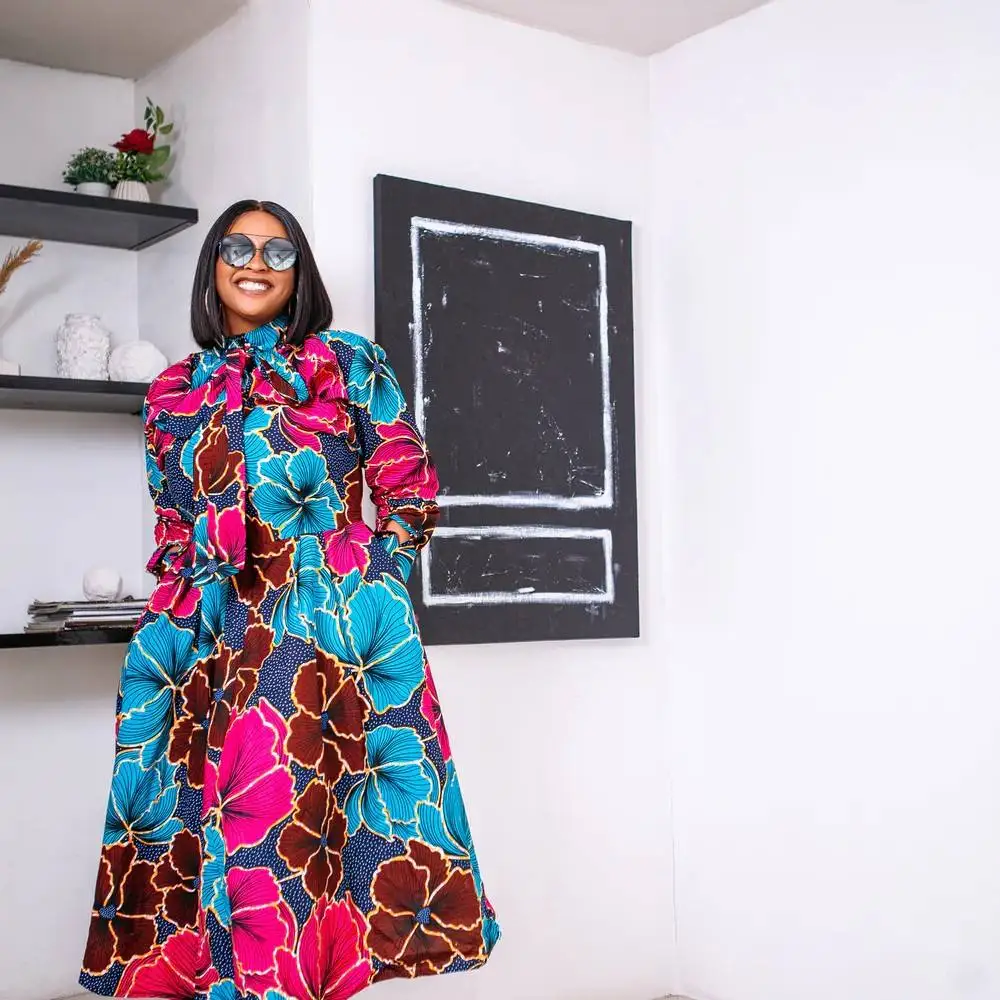 2023 Fall Clothing Fashion African Print Long Sleeve High Waist Puffy Bow Neck Midi Dress Africa Plus Size Dress