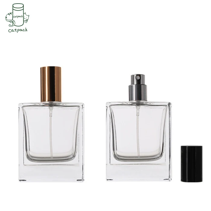 Low Mini Order Flat Square Shape Luxury Perfume Atomizer Perfume Glass Bottle 50ml
