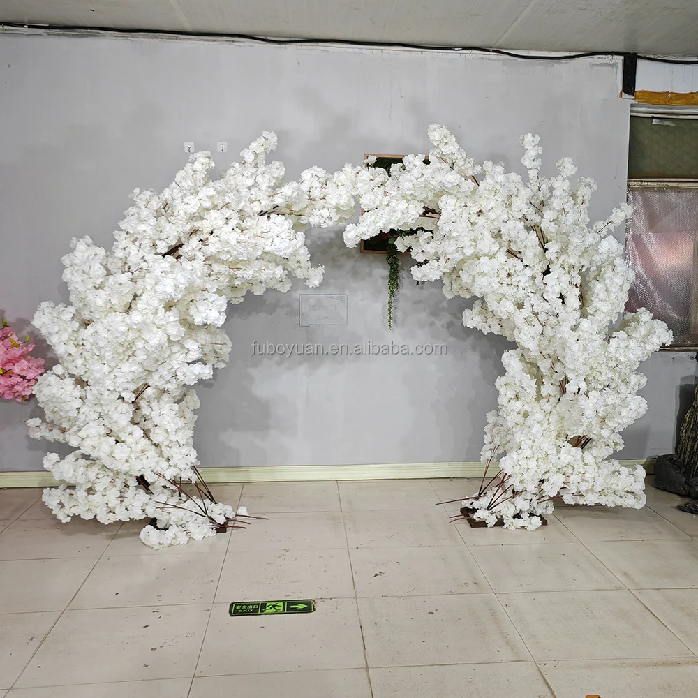 F36 Outdoor restaurant stage back drop fake sakura flower trees plant artificial white wedding faux cherry blossom arch for sale