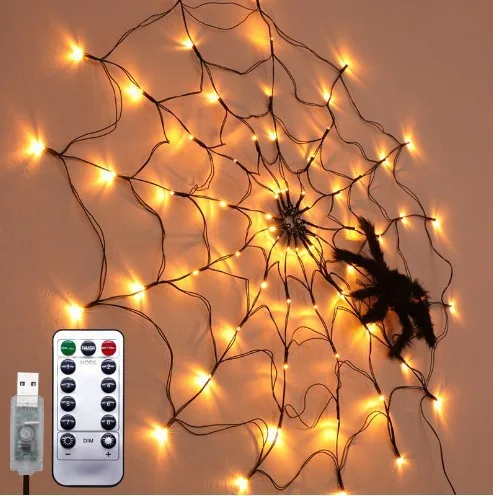 Wholesale Hot Sale  8 Functions Remote LED Fairy Lights Halloween Spider Web Lantern Festival Props RC USB String Light