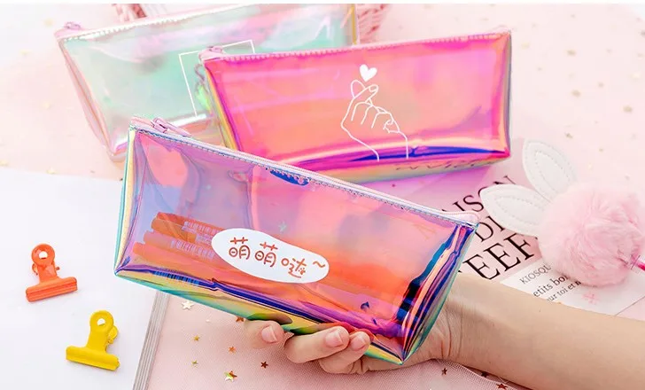 Прозрачная сумка на молнии с сердечками и блестками, школьный пенал из ПВХ на молнии, чехол для карандашей