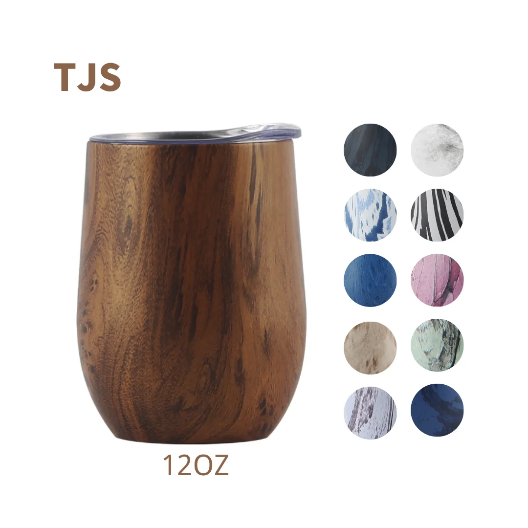 TJS New 12oz wood grain powder coated tumbler Travel mug wine tumblers stainless steel coffee mug with lids