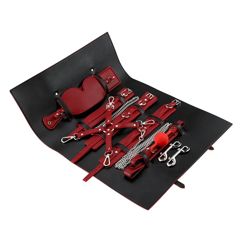 Flash PU Leather BDSM 10 pieces Bondage Restraint Set with a Leather Pouch Adult Sexy Toys Gift