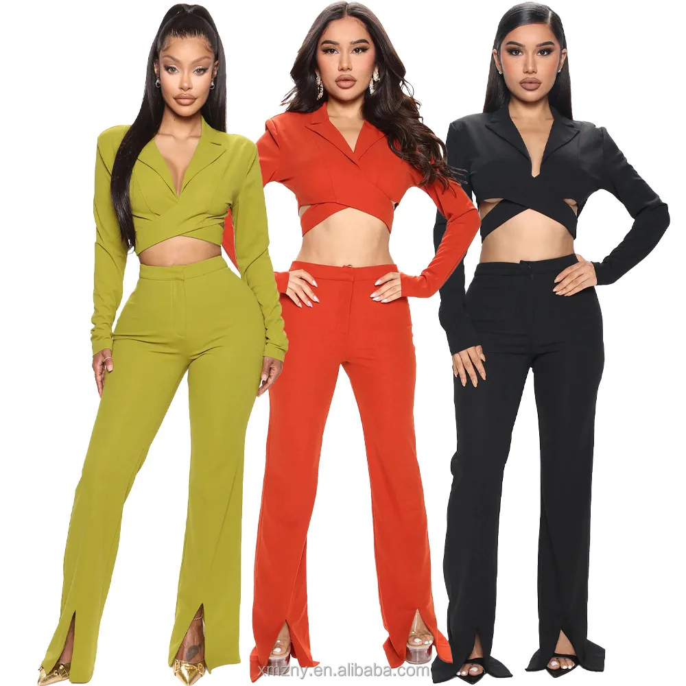 Fall 2022 Solid Blazers And Pants Two Piece Set Cross Straps Top Split Wide Leg Pants Two Piece Set Women Casual Clothing