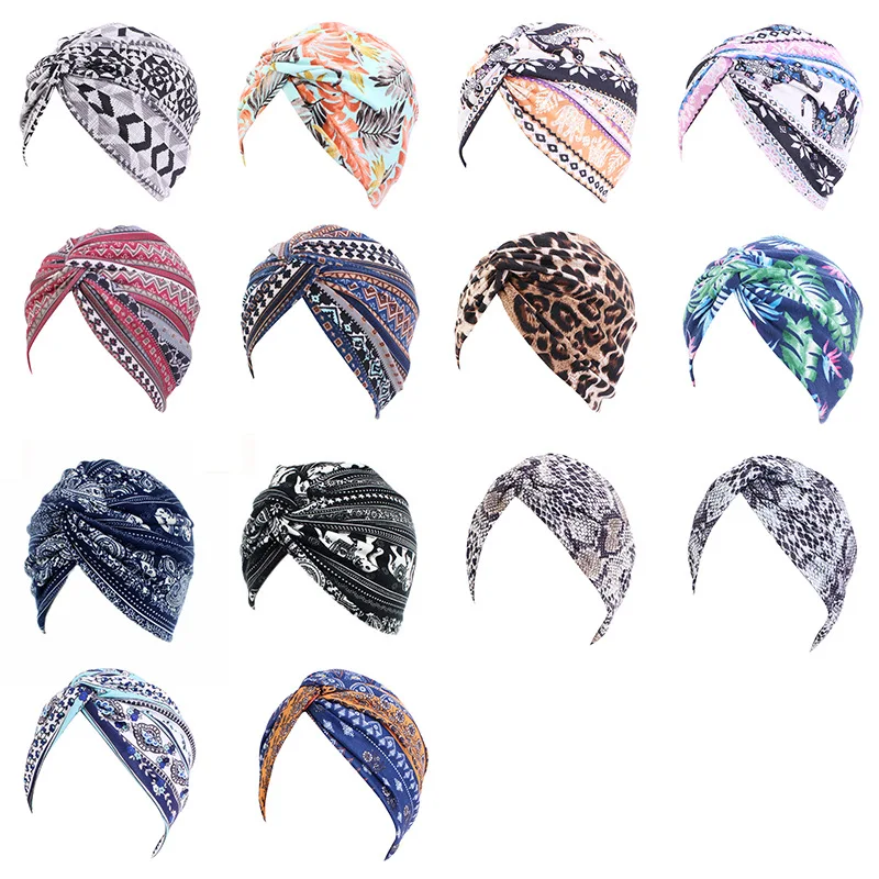 Wholesale Custom Logo Hair Accessories African Pattern Twist Turbans Head Wrap Muslim Polyester Turban Caps For Women