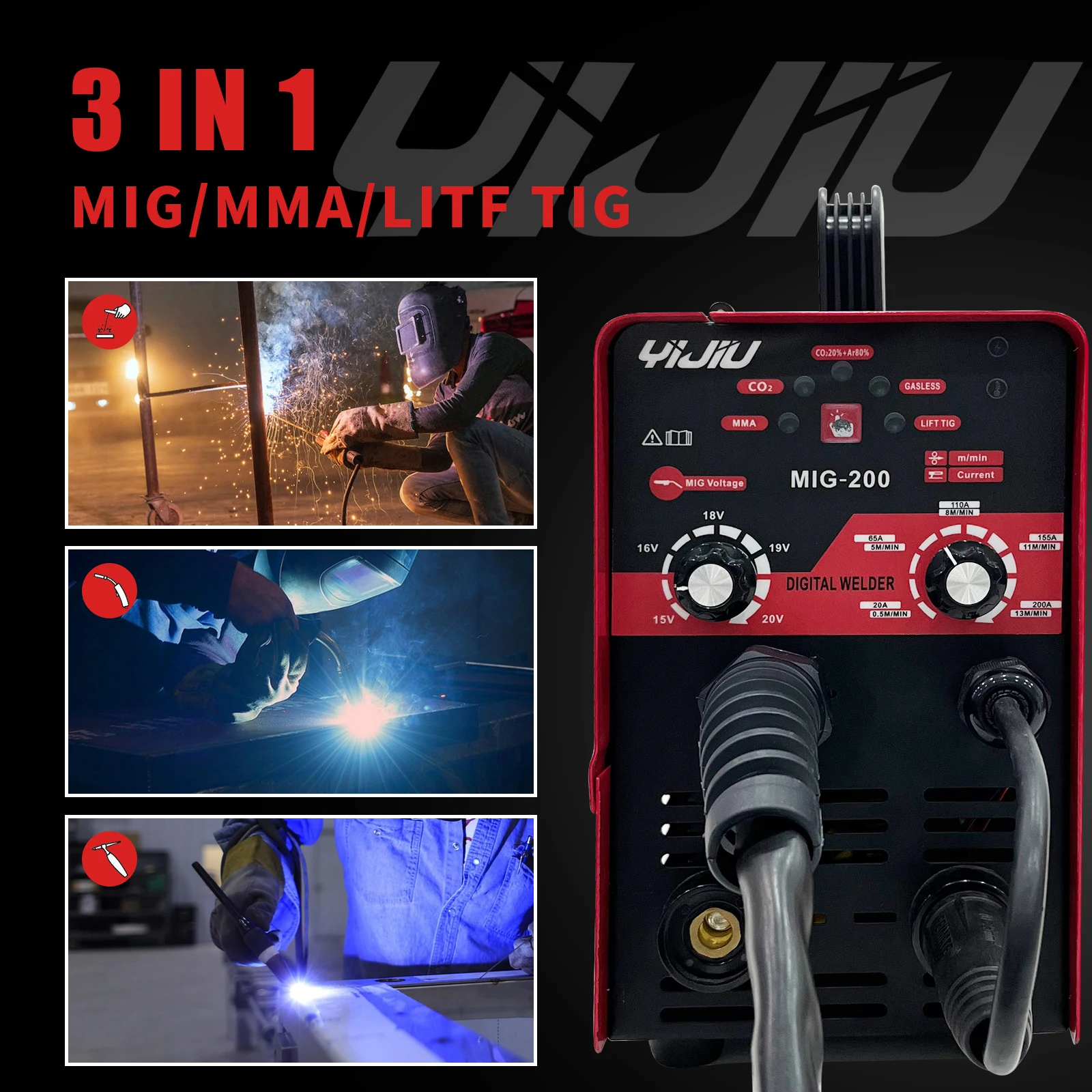 YIJIU Portable 220V 3 in 1 MIG-200 Gasless MIG/MMA/TIG Welding Machine with Digital Display for Home and Light Industrial Use