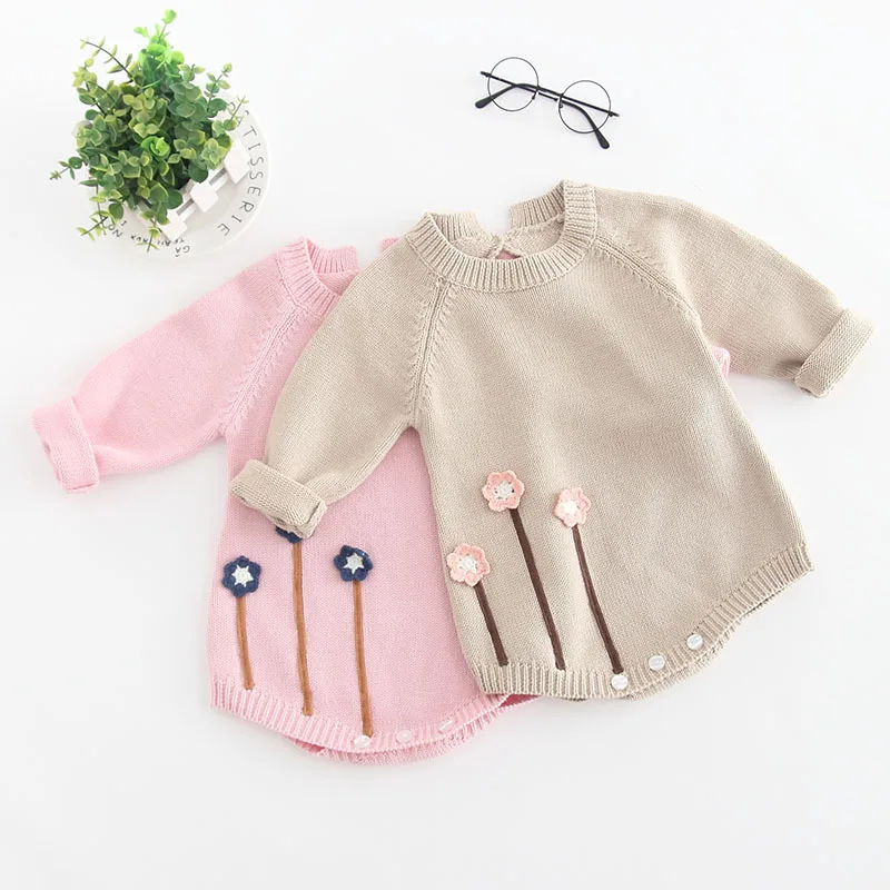 New Baby Girls Clothes Autumn Winter Rompers Soft Knitted Baby Clothes Fashionable Flower Baby Jumpsuit Girls Costumes