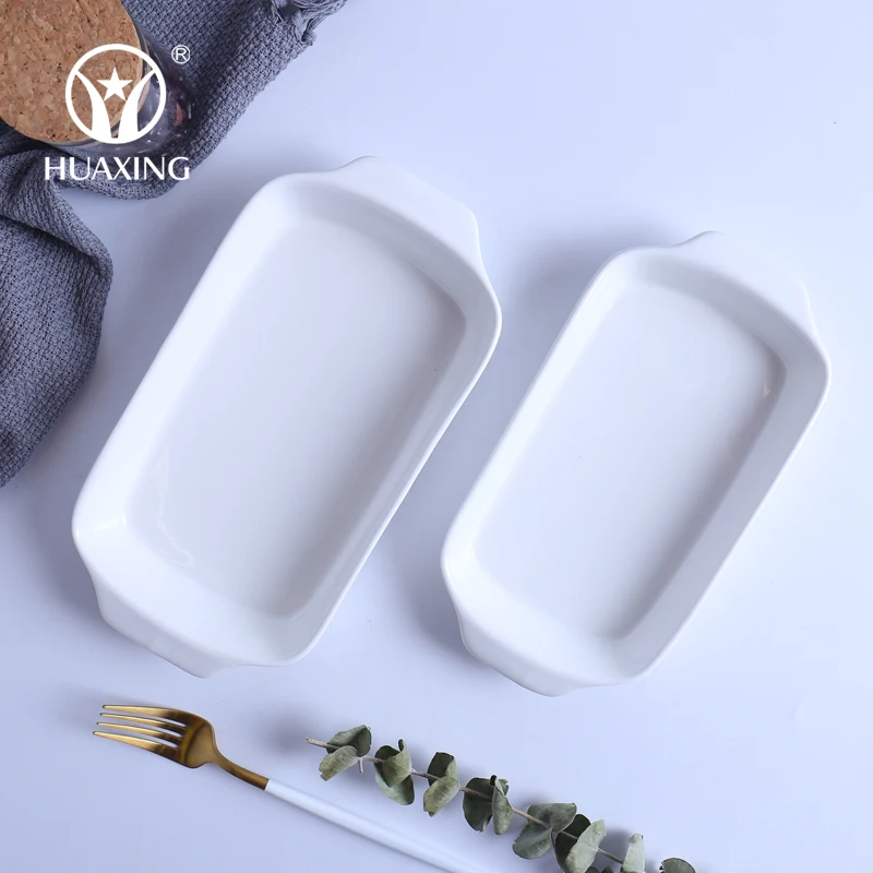 Wholesale custom logo catering rectangular baking tray white ceramic baking dishes pans with two handles