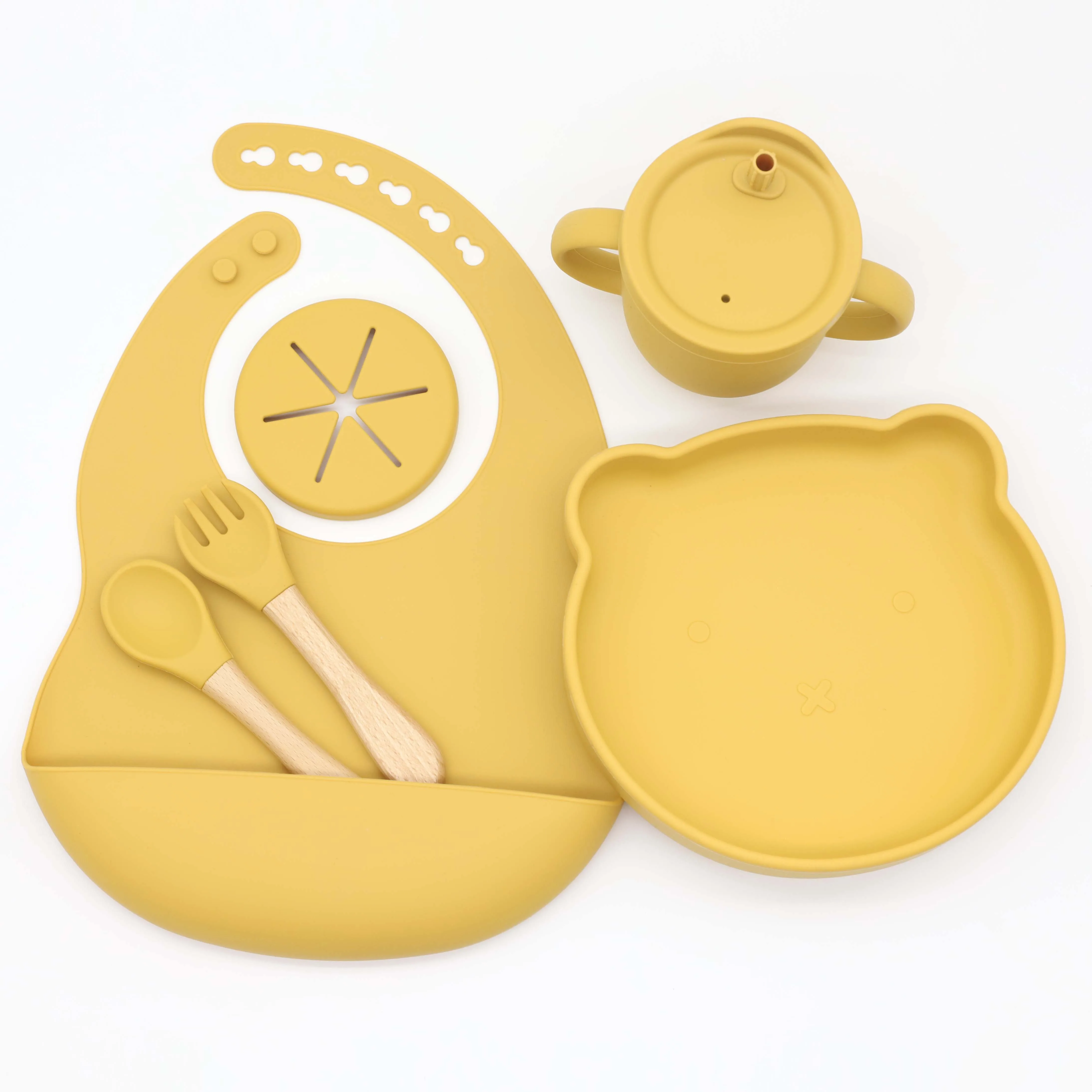 Amazon Tableware non toxic Baby bib suction bear plate spoon fork and silicone 2-in-1 snack  sippy cup non spill feeding set
