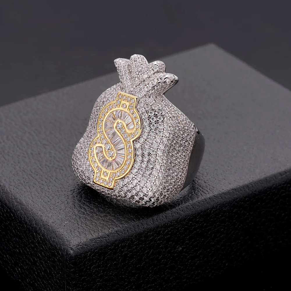 Hip Hop Iced Out Cz Moissanite Diamond Baguette Money Bag Dollar Symbol Sign 14K Gold Plated Rapper Fashion Jewelry Rings