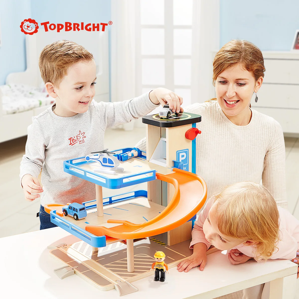 Topbright pretend play wooden toy garage parking lot wood garage toy