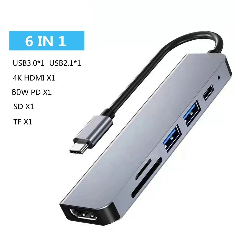 6 in1 USB Type C Hub Adapter with 4K HDMI Multiport Card Reader USB3.0 TF PD SD Reader All In One For PC Computer Accessories