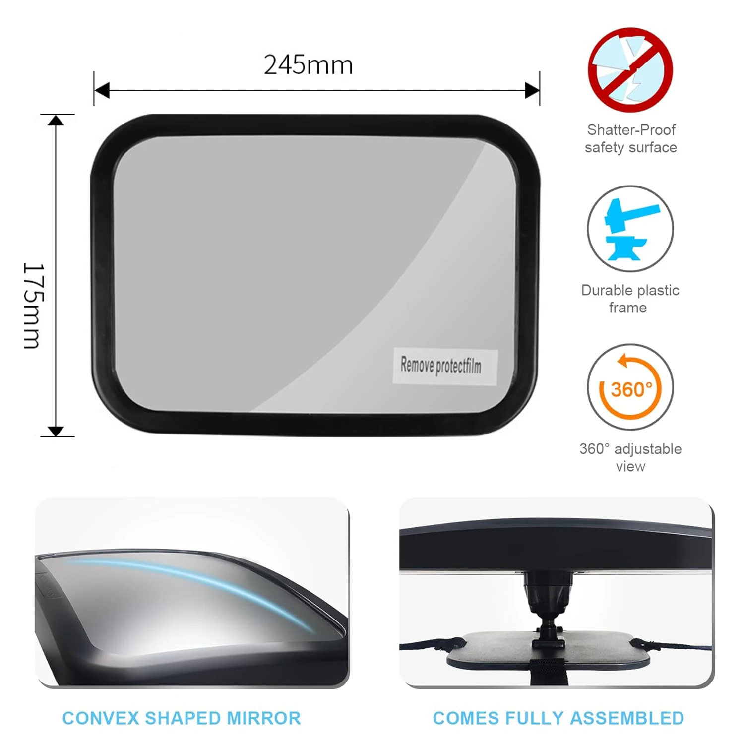 Baby Car Mirror, Safety Car Seat Mirror for Rear Facing Infant with Wide Crystal Clear View, Shatterproof, Fully Assembled,