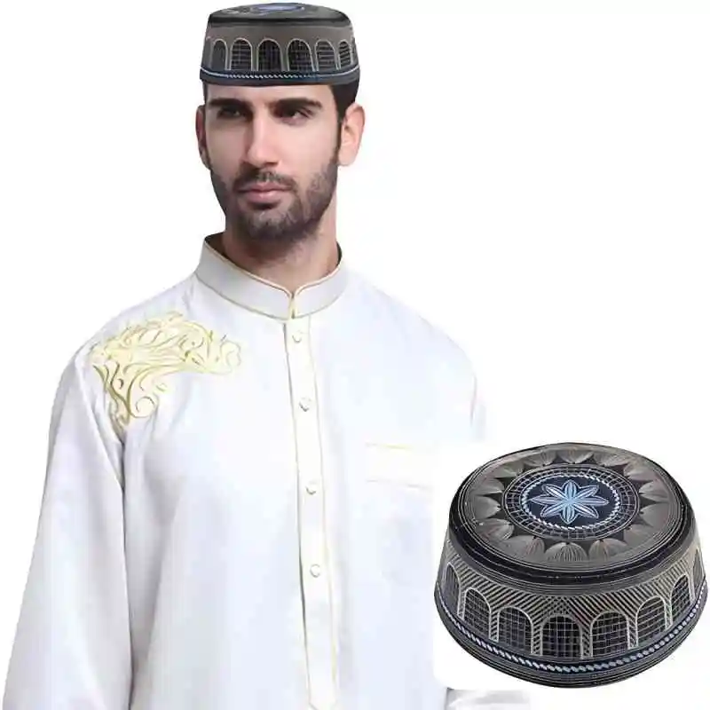 Men Muslim Prayer Kufi Hat Islamic Kufi Prayer Hat Headwear Cap with Embroidery Turkish Arabian Beanie Cap Sun Hat Eid Gift