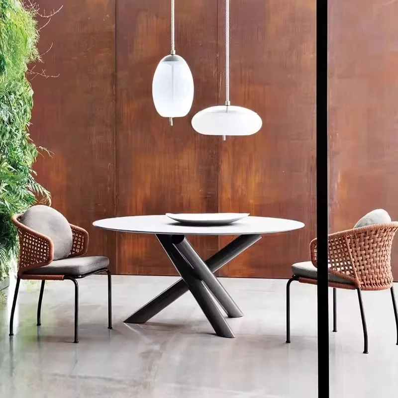 Modern Round Glass Dining Table | Designer Center Table with Chrome Cross Legs | Coffee Shop Dining Furniture