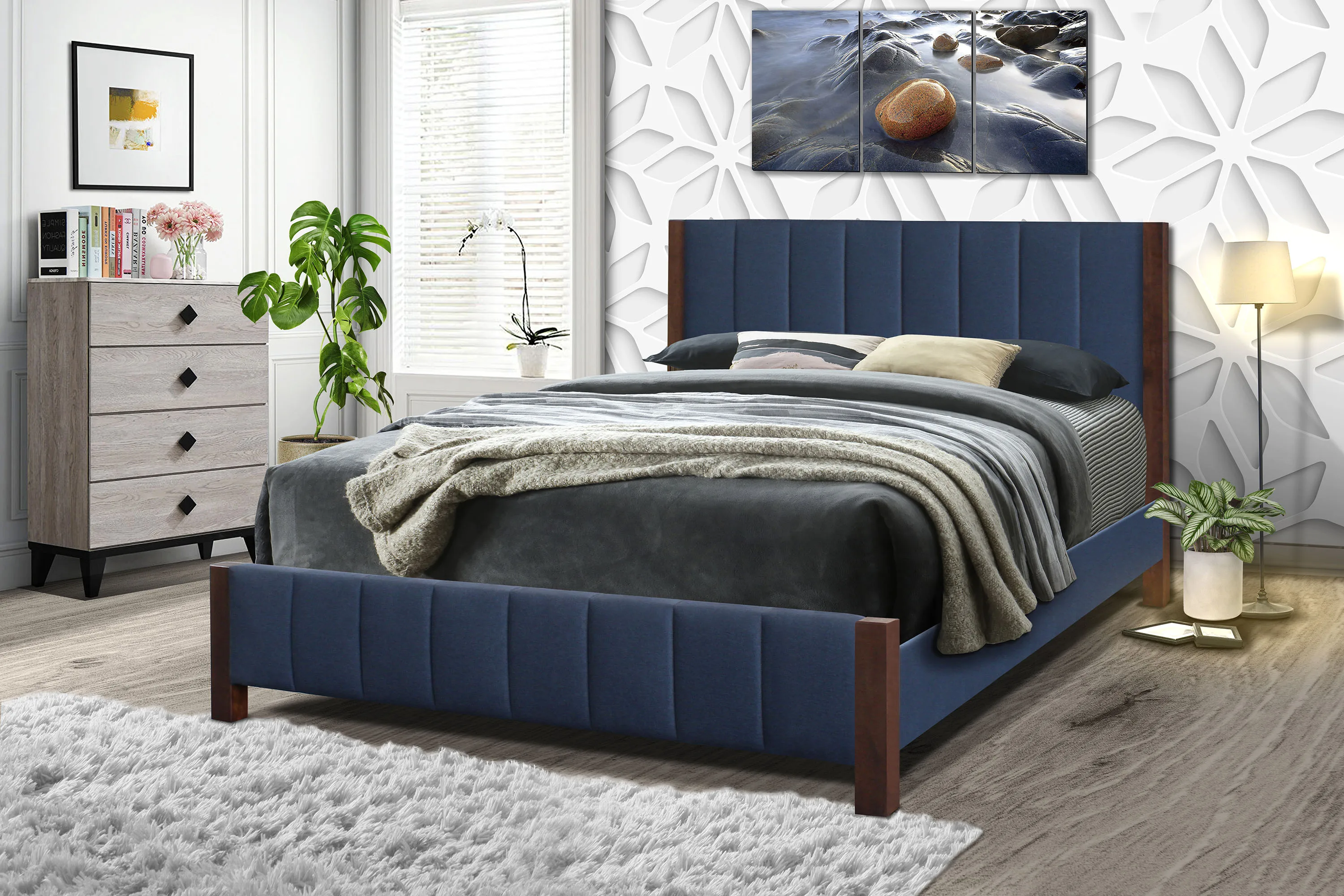 Genesis Series Wholesale Factory Price Latest Solid Wood Leg Design Upholstered Linen Bed Blue Linen Full Size Made In Malaysia