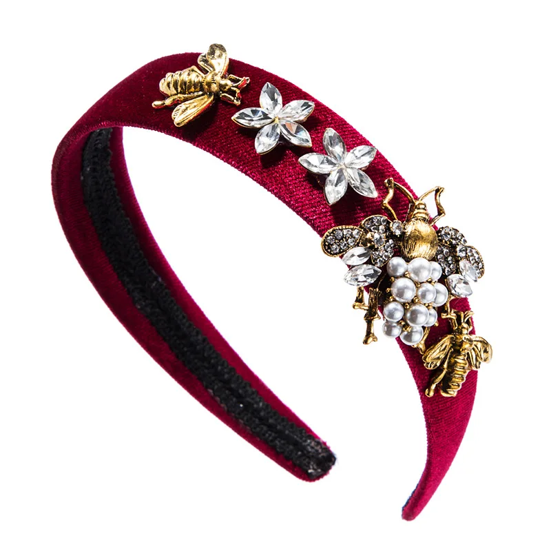 Autumn Winter Retro Palace Baroque Rhinestone Pearl Gold Velvet Women Headband Zircon Alloy Bee Hair Accessories For Girl