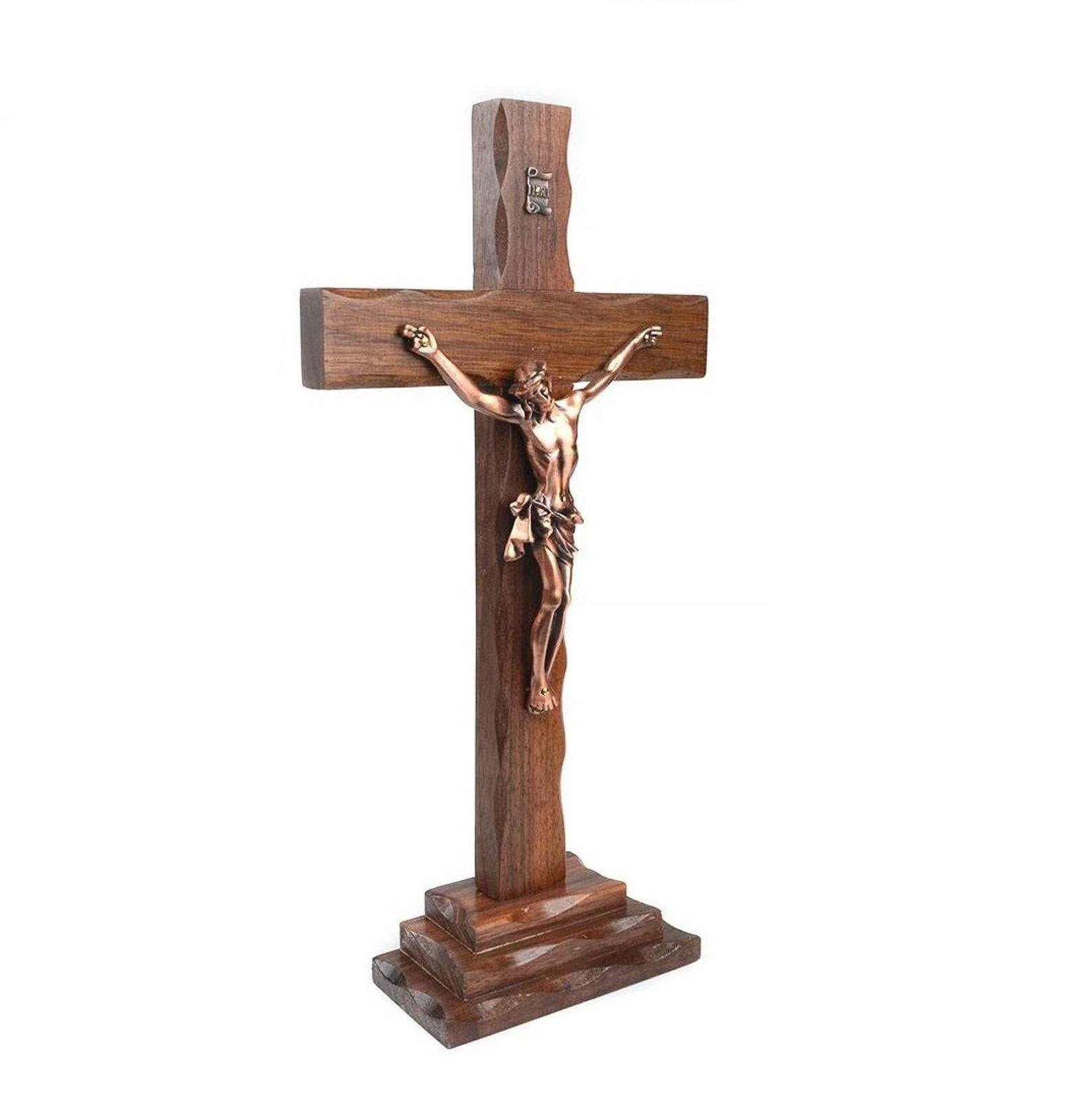 Wholesale Custom Decoration Religious Jesus Church Christian Handmade Rustic Craft Base Standing Wooden Cross