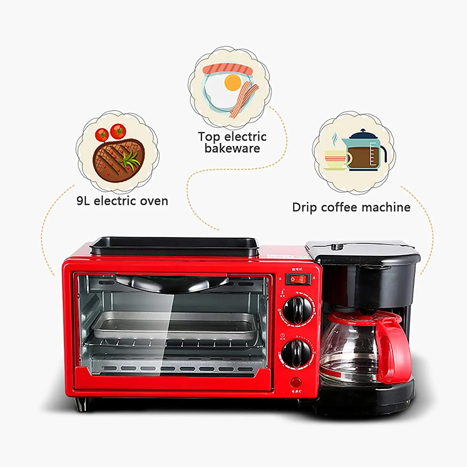  3 in 1 Electric Breakfast Maker Machine Set Multi-Function Mini Oven Drip Coffee Frying Pan