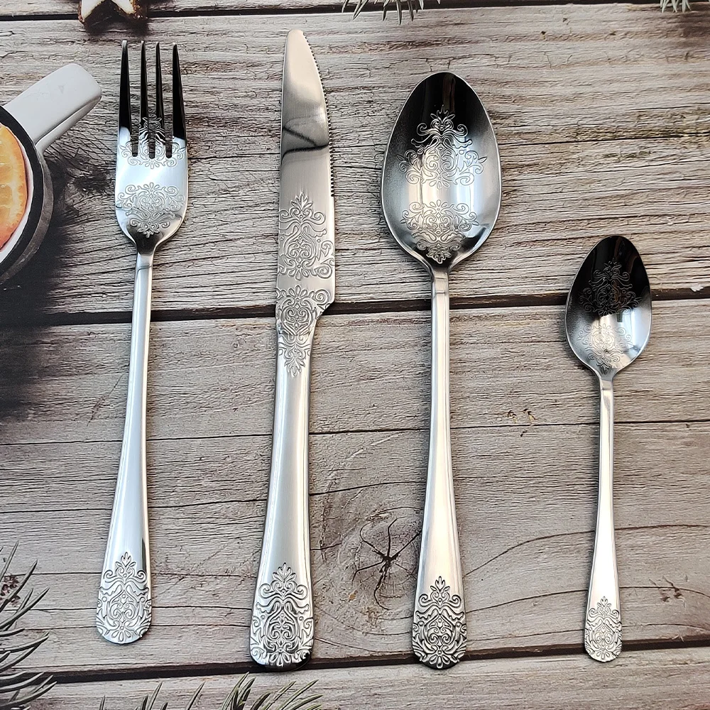 Factory Direct Sales 4 Pcs Stainless Steel Cutlery Spoon Fork Knife Dinnerware Flatware Sets Cutlery Dinner Set With Pattern